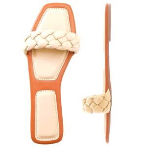 Sandals Beige Cream Khaki Slipon Beach Shoes Square Toe Women's Size 39 / 8 US